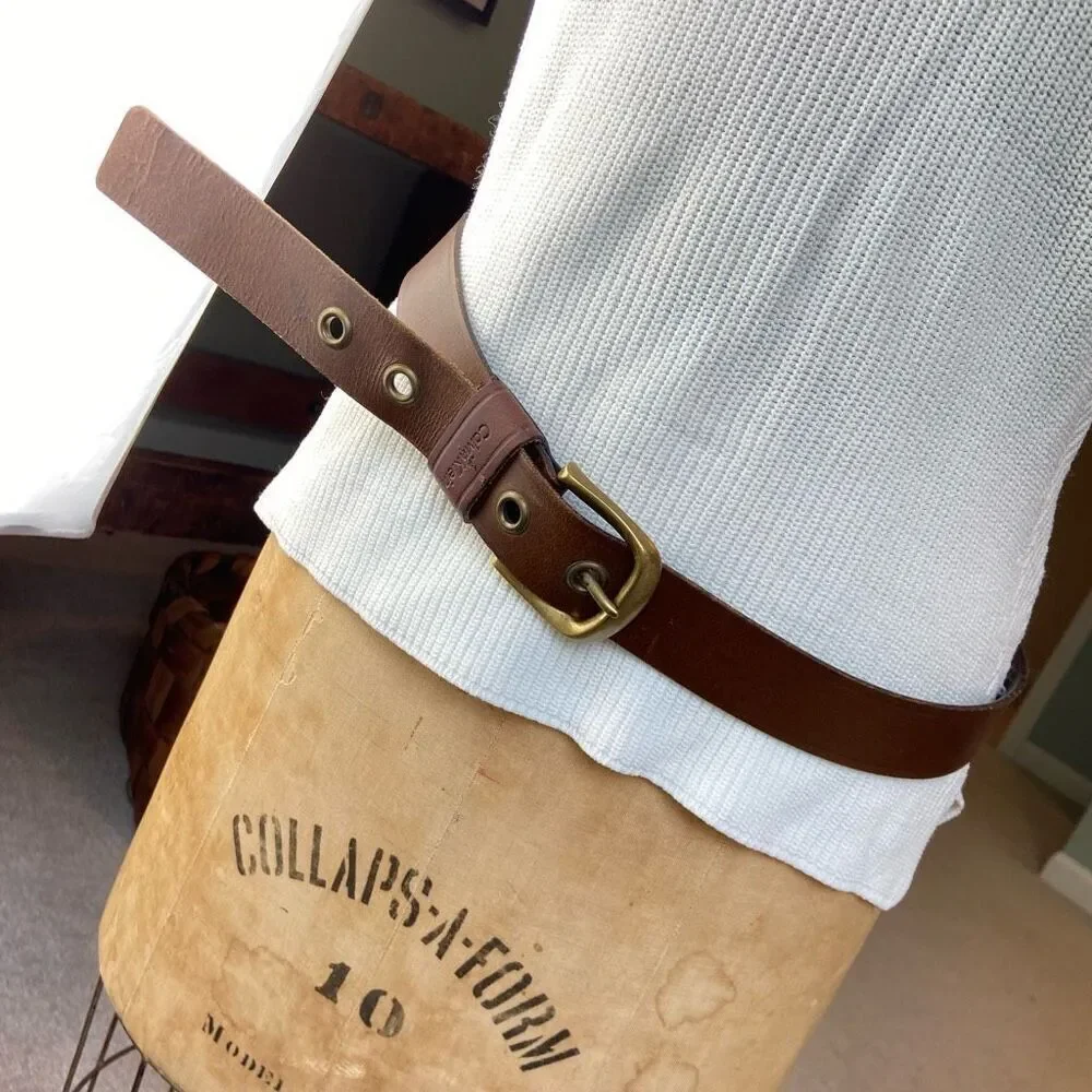 Calvin Klein 90s Y2K Brown Leather Belt with Brass Buckle and Grommits - 33” - 3